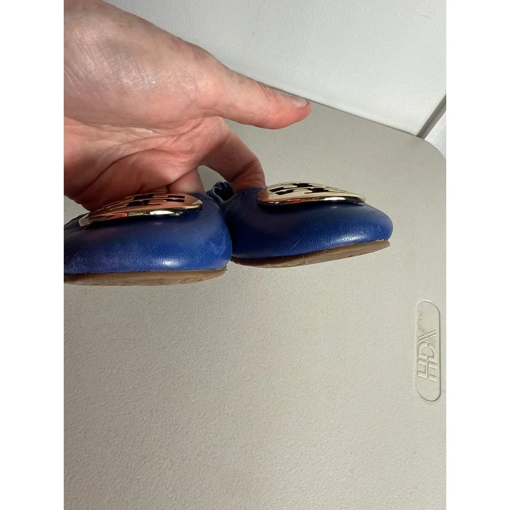 Tory Burch Reva Ballet Flats Royal Blue Leather Gold Logo Medallion Size 7.5